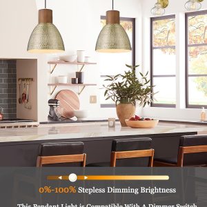 ELYONA 2 Pack Hammered Pendant Light Fixtures, 10.2″ Vintage Metal Solid Wood Hanging Bar Lamp, Mid Century Antique Gold Pendant Lights for Kitchen Island, Farmhouse, Dining Room, Brushed Brass