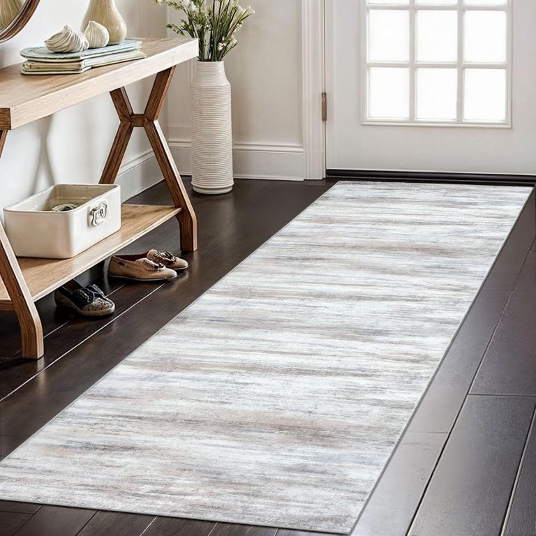 KOZYFLY Modern Abstract Kitchen Runner Rug, 2×6 Washable Rug Runner Non-Slip Soft Striped Hallway Runner Rugs, Beige Print Distressed Carpet Runner for Entryway Bathroom Laundry Room Foyer