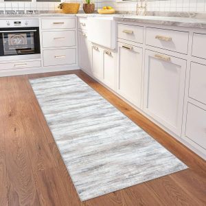 KOZYFLY Modern Abstract Kitchen Runner Rug, 2×6 Washable Rug Runner Non-Slip Soft Striped Hallway Runner Rugs, Beige Print Distressed Carpet Runner for Entryway Bathroom Laundry Room Foyer