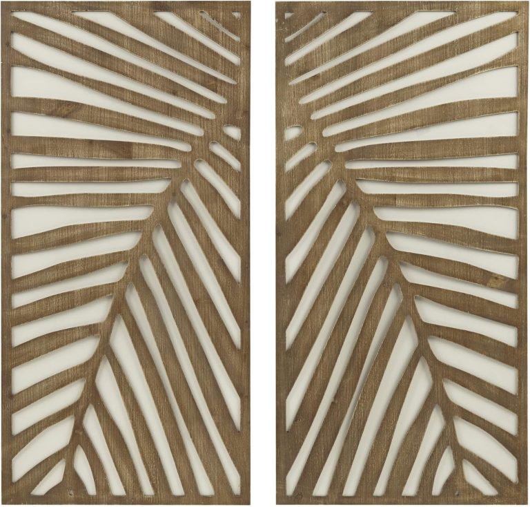 Wall Art Living Room Décor – Birch Palms Botanical Carved Design, Home Accent Modern Kitchen Dining Decoration, Ready to Hang Panel for Bedroom, 16″ W x 32″ H, Dark Brown 2 Piece