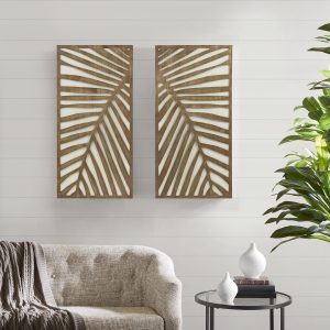 Wall Art Living Room Décor – Birch Palms Botanical Carved Design, Home Accent Modern Kitchen Dining Decoration, Ready to Hang Panel for Bedroom, 16″ W x 32″ H, Dark Brown 2 Piece