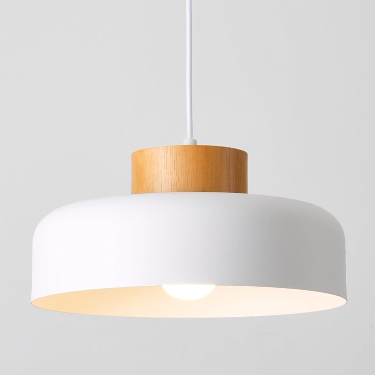 Modern Pendant Lights Kitchen Island, 12.6 inch,Natural Wood Cap, Drum Simple Ceiling Hanging Light Fixture for Dining Room, Table, Matte White