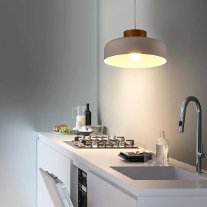 Modern Pendant Lights Kitchen Island, 12.6 inch,Natural Wood Cap, Drum Simple Ceiling Hanging Light Fixture for Dining Room, Table, Matte White