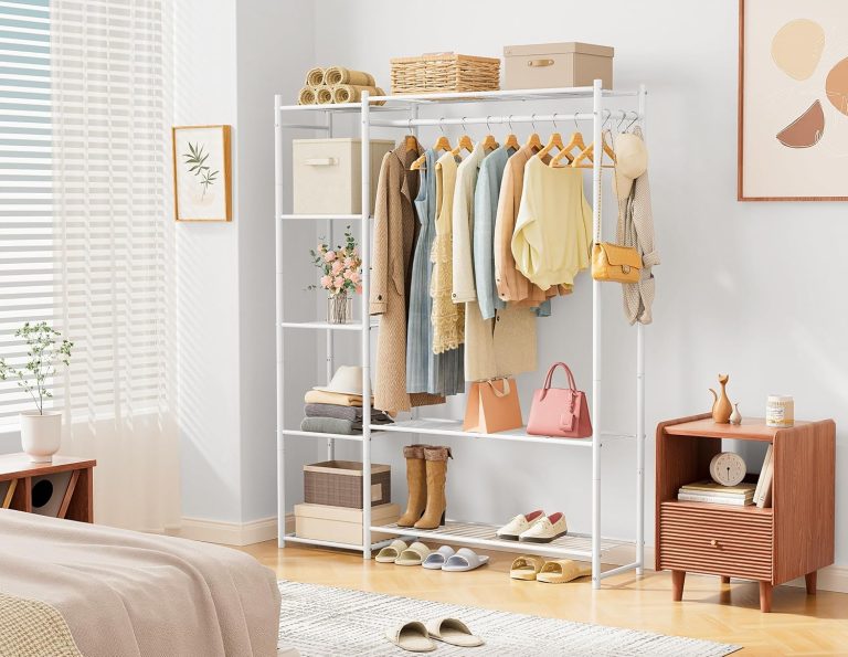 Wardrobe Closet,Portable Clothes Rack with 4 Tiers Shelves,Freestanding Closet Organizers and Storage System with Hanging Rods,Steel Clothing Rack Suitable for Cloakrooms,Bedrooms,Entrances,etc.White